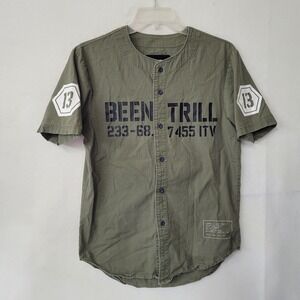 Been Trill Olive Green Military Style Baseball Jersey Shirt Men's Size S Ripstop